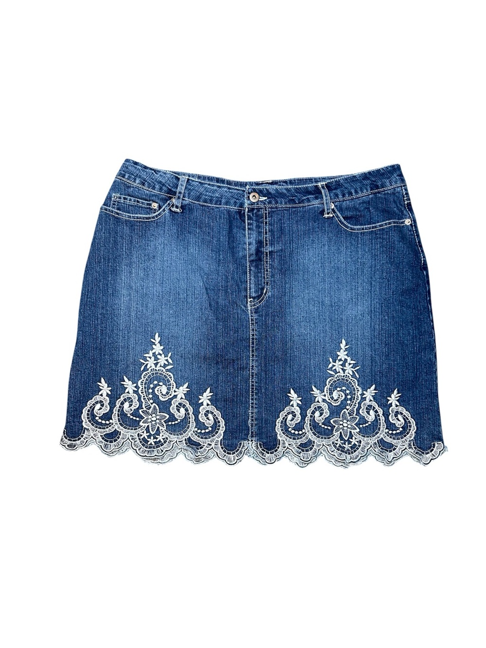 Jamie Nicole Collection blue jean mini skirt lace embroidery detail size 18 #264